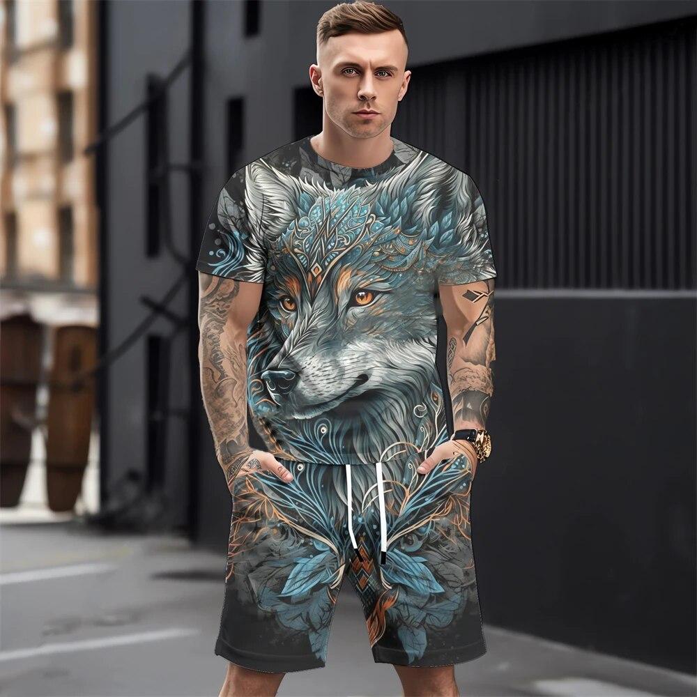 Летние мужские комплекты футболок, модная одежда с 3D принтом животных, необходимая одежда для мужчин, повседневный спортивный костюм, спортивный костюм из двух предметов для бега, спортзала