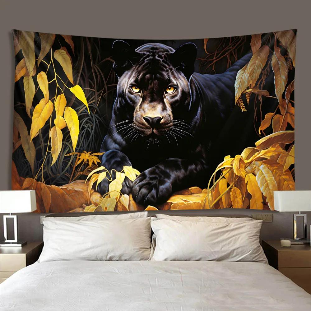 Black leopard jungle tapestry, animal forest wall hanging cloth, exotic landscape wall art for home dormitory decoration
