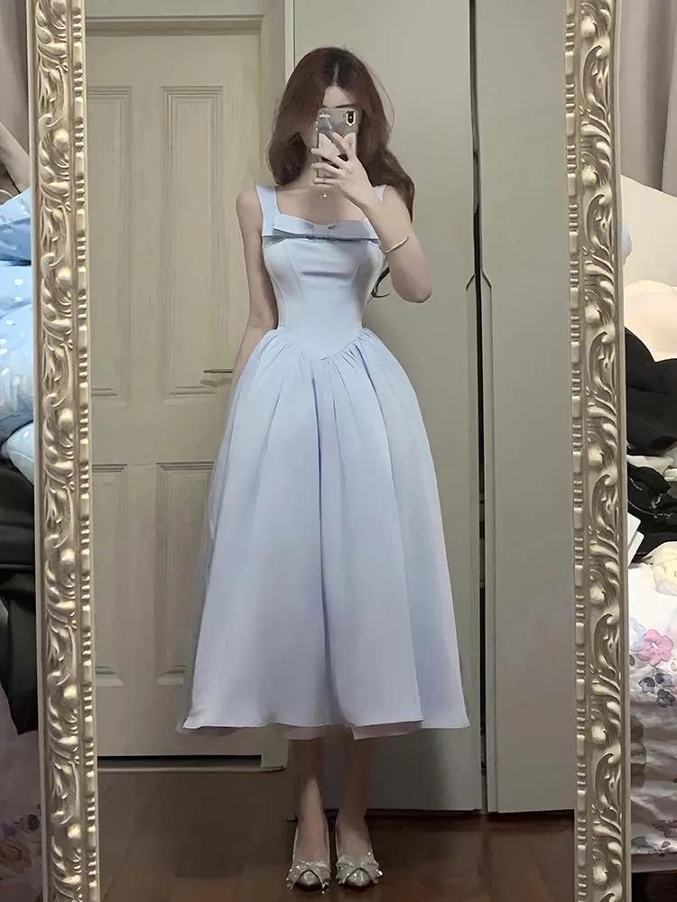 Французское розовое преппи вечернее платье А-силуэта с квадратным вырезом и завышенной талией