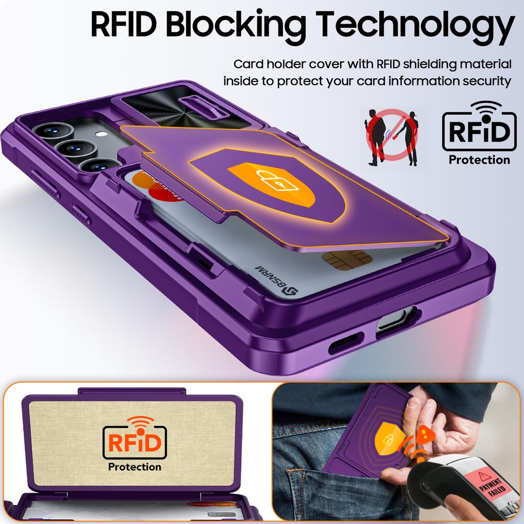 RFID Blocking Wallet Case with 4-Card Holder Sliding Camera Cover and Kickstand for Samsung Galaxy A35-Purple