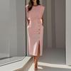 Women's Fashion Fashion Style Solid Color Round Neck Waist Split Metal Buttons Dresses