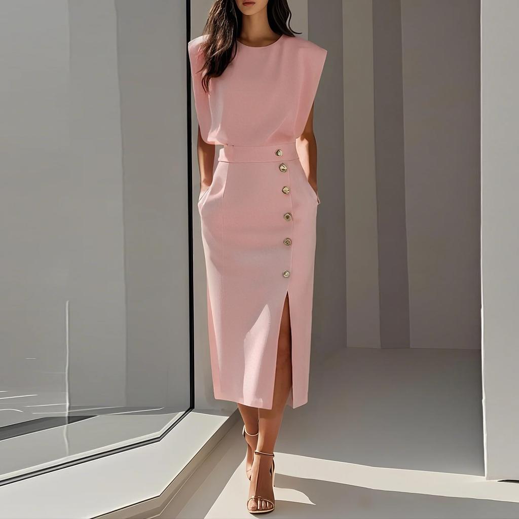 Women's Fashion Fashion Style Solid Color Round Neck Waist Split Metal Buttons Dresses