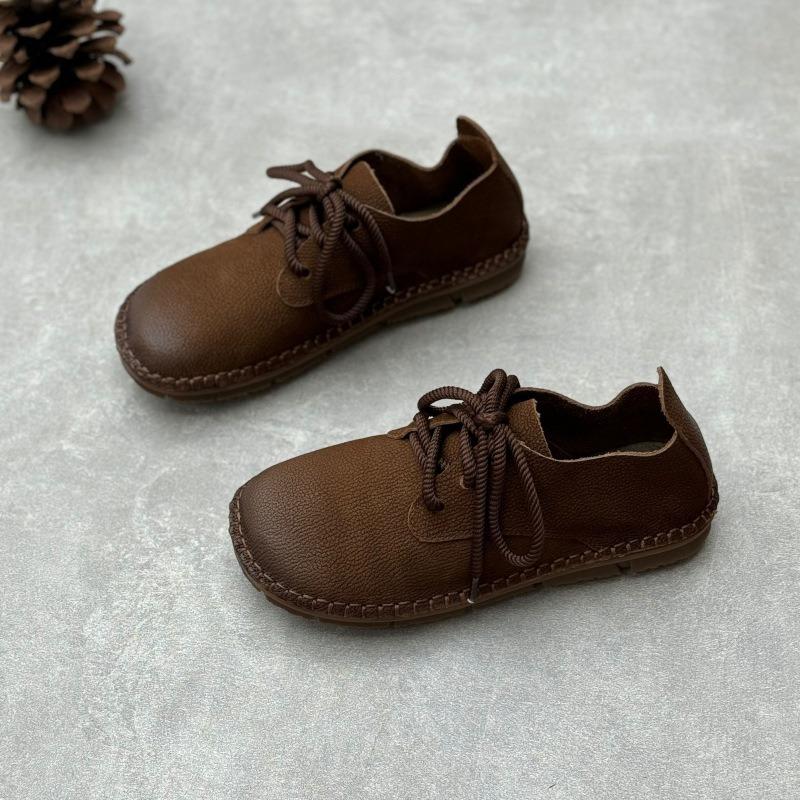 Ретро литературные кожаные туфли на шнуровке с плоской подошвой и круглым носком из мягкой коровьей кожи женские туфли Mori Ger