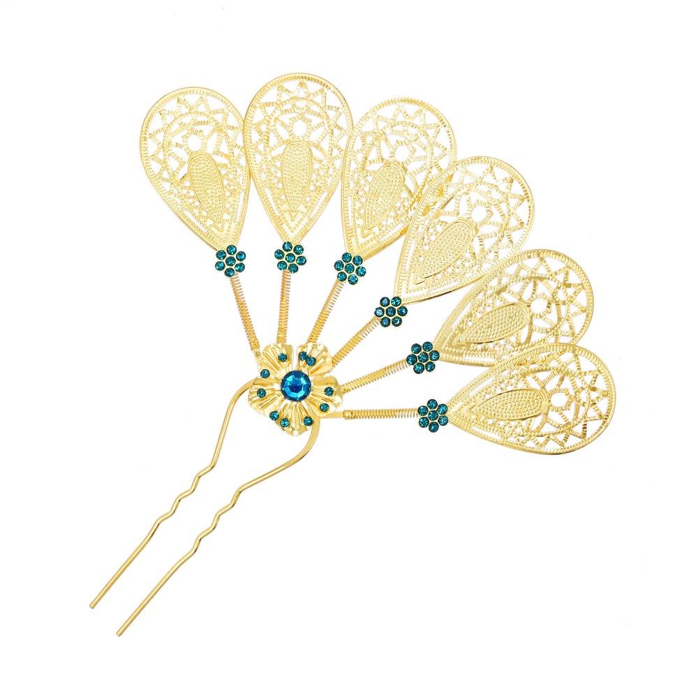Metal Thai Style Leaf Hair Stick Golden Ethnic Headdress Jewelry Rhinestone Flower Hairpin Party