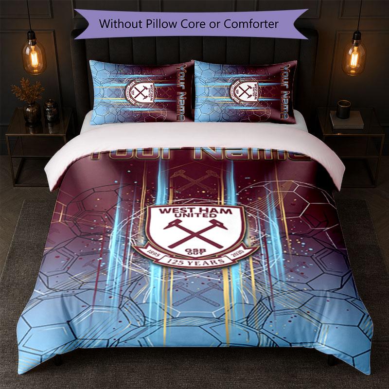 West Ham United FC Custom Name Text Bedding Set 1 Duvet Cover+2 Pillowcases Soccer Logo Personalized Gift For Special Occasion Bedroom Decor