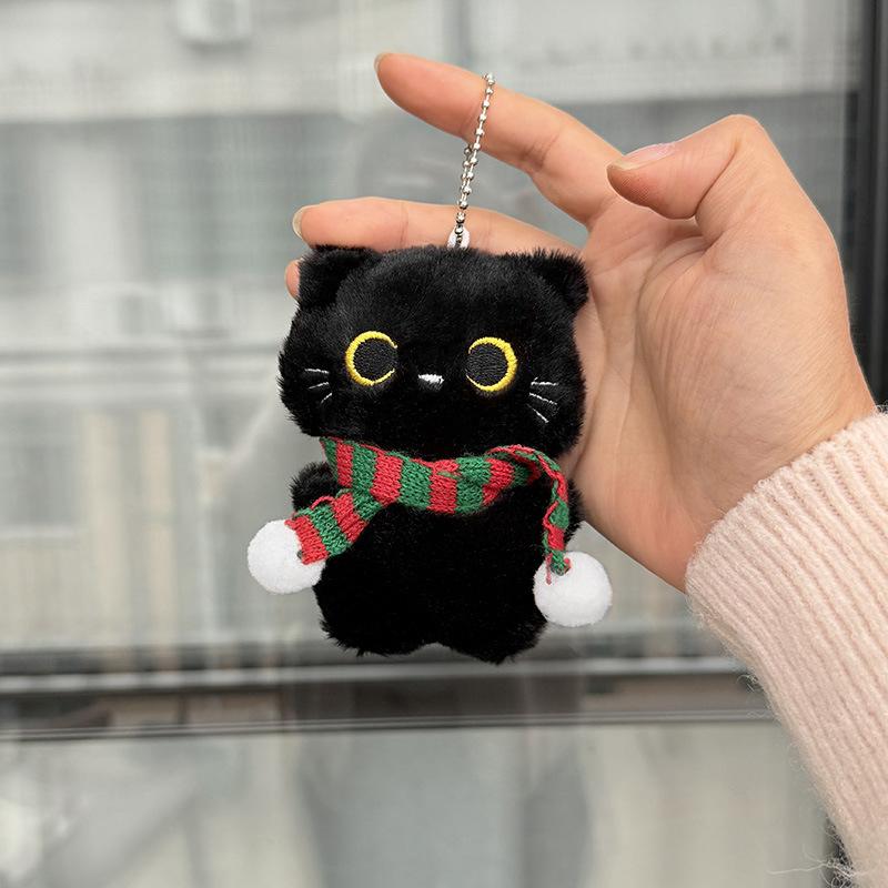 Soft Fluffy Black Cat Plush Keychain Adorable Cartoon Animal Pendant Skin-friendly Soft Filling Accessory for Key Holder BFF Gift