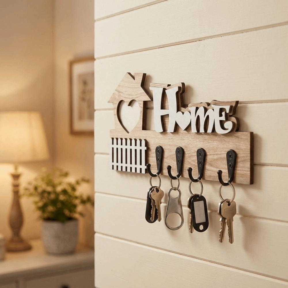 Rustic Wooden Key Hook 4 Hooks Wall Storage Rack Entryway Decoration Wall Hooks Office