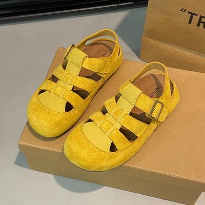 Женские повседневные туфли-балетки с круглым носком, летние новые туфли баотоу из коровьей замши, с металлической пряжкой, на мягкой подошве, противоскользящие, износостойкие сандалии