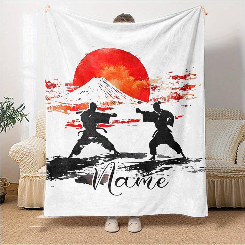 Karate Warriors Fighting Against A Fiery Sunset Cozy Customizable Blanket Customize Text Durable Comfort Throw For Sofa Couch Office Bed Picnics For