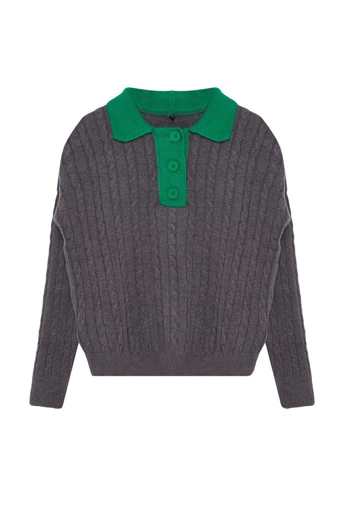 Women's Fashion Stylish Sweater Stone Soft Textured Polo Neck Color Blocked Knitwear Sweater