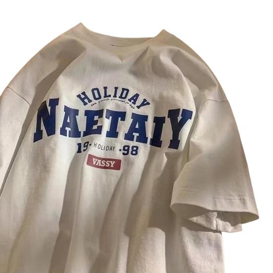 Men Summer T-shirt Letter Print Short Sleeves Round Neck Loose Retro Japanese Style Casual Daily Wear Teenager