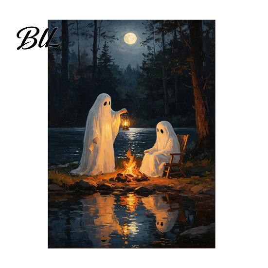 Gothic Mural Print Vintage Cute Ghost Canvas Wall Art, Spooky 2 Ghosts Campfire Decor Hanging Poster, Halloween Decoration for Bedroom Living
