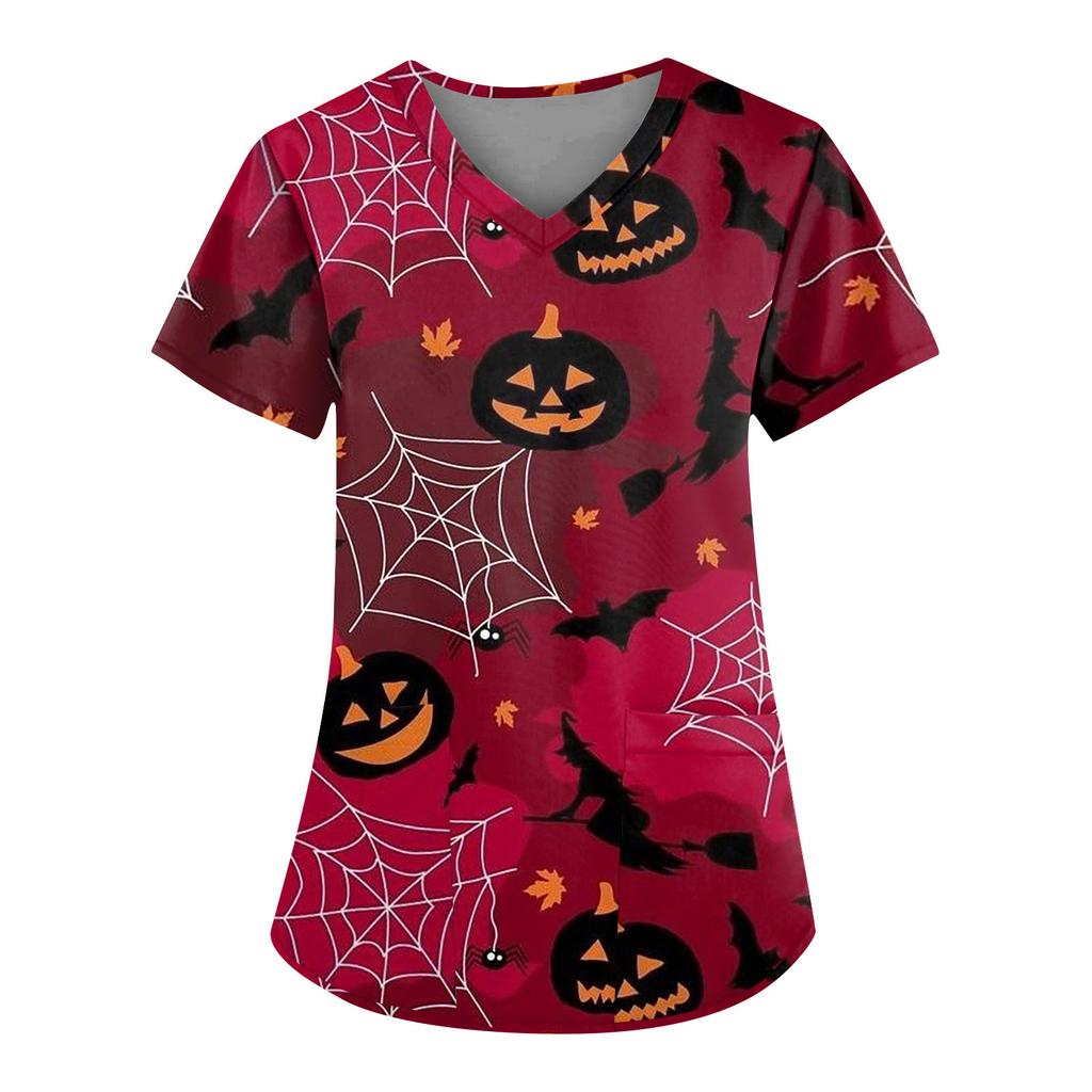 Женская мода повседневный топ с v-образным вырезом и короткими рукавами на Хэллоуин с карманами и принтом