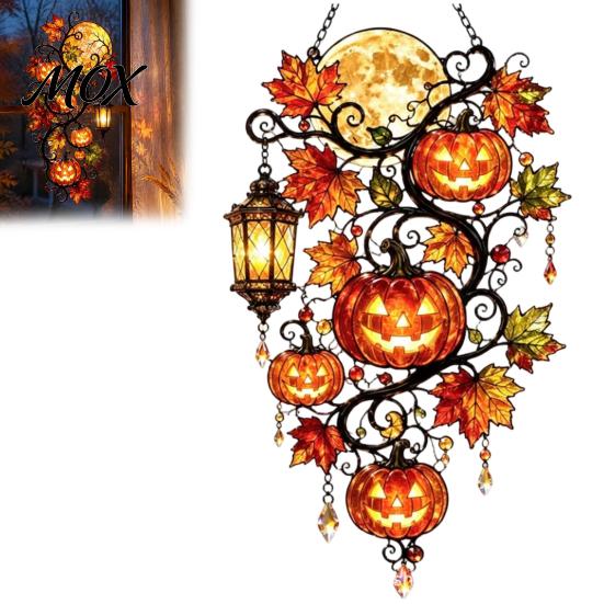Pumpkin Moon Lantern Ornament Halloween Ornament, Acrylic Stained Glass Window Seasonal Hanging Sign Decoration, Autumn Maple Leaf Suncatcher Pendant