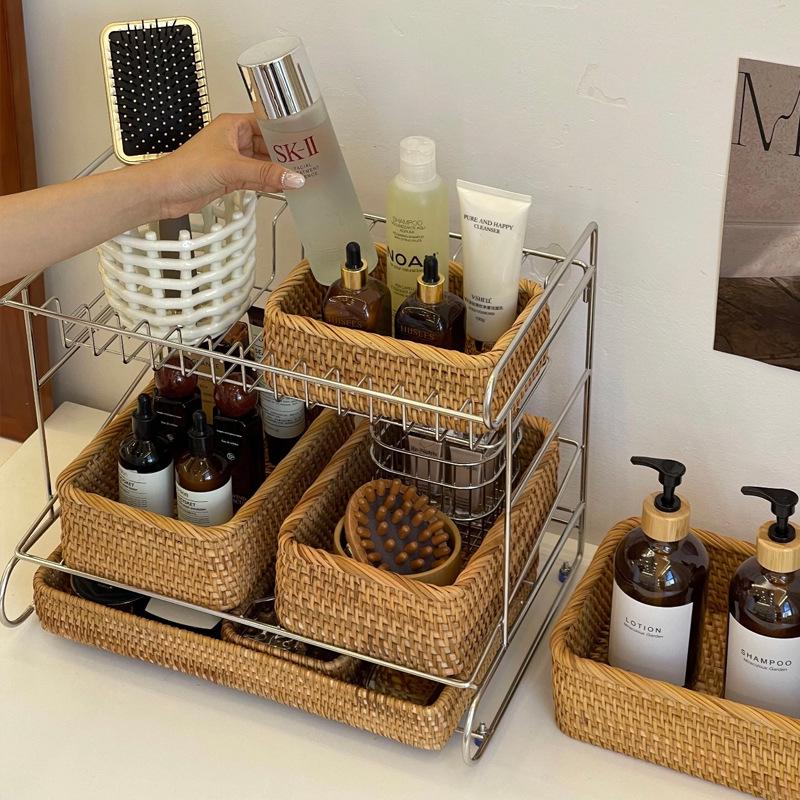 Hand-Woven Natural Rattan Storage Basket for Cosmetics and Desktop Organizing with a Retro High-End Feel