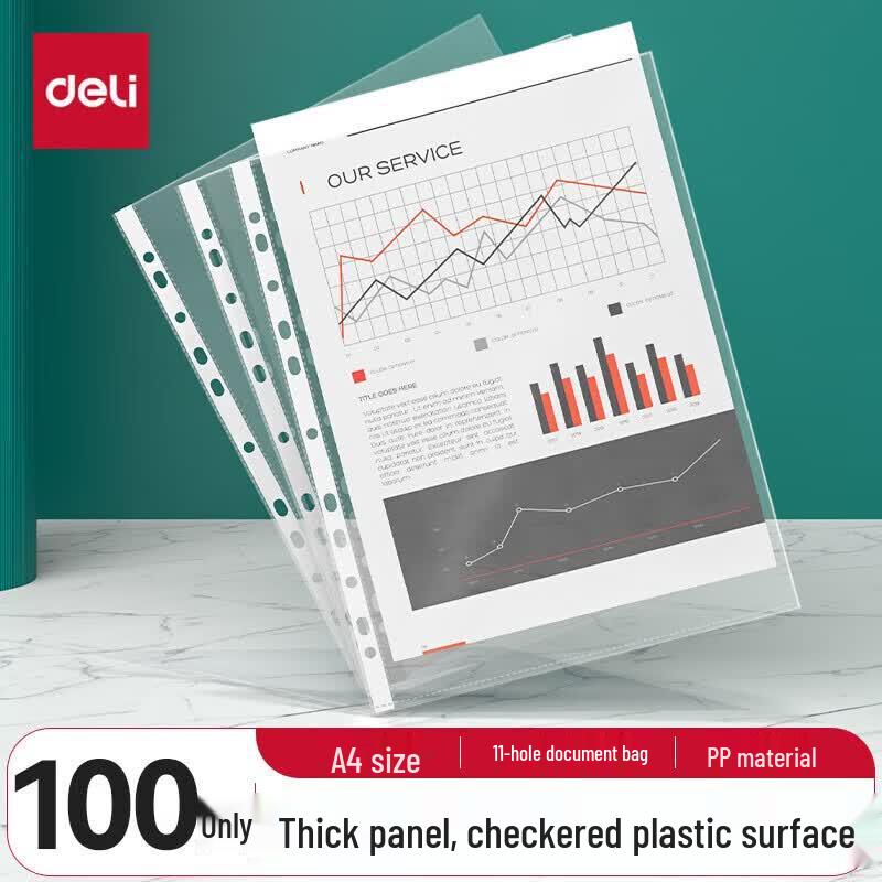 Deli 5712 A4 Transparent 11-Hole Document Protector Pockets, 100 Count