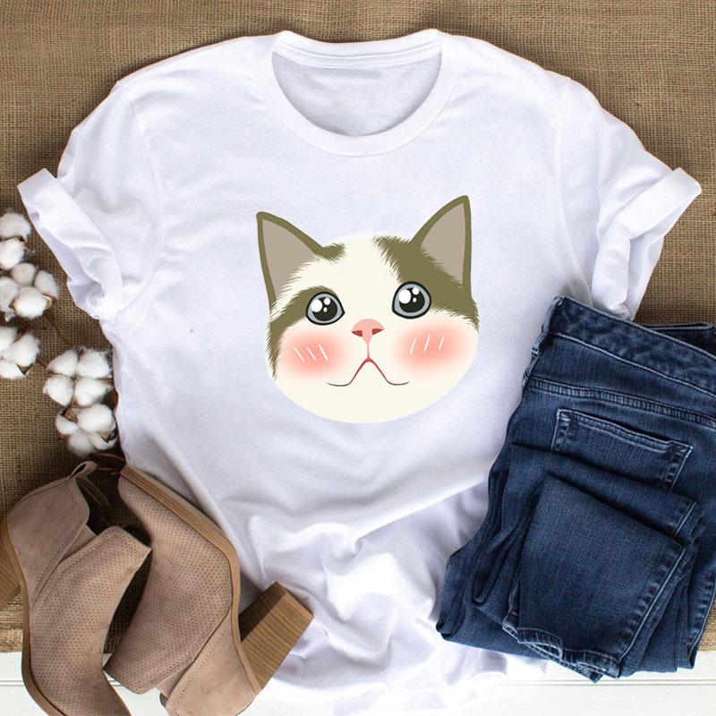 100% Polyester Women's Summer Casual Top with Cute Cat Dog Paw Print round Neck Short Sleeve T-shirt Fashion High Street Style gift
