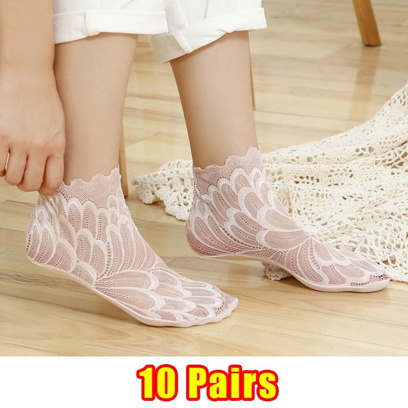 5/10 пар женских кружевных сетчатых носков с цветочным принтом, Нескользящие невидимые носки с подкладкой, женские эластичные удобные тонкие прозрачные дышащие носки до щиколотки