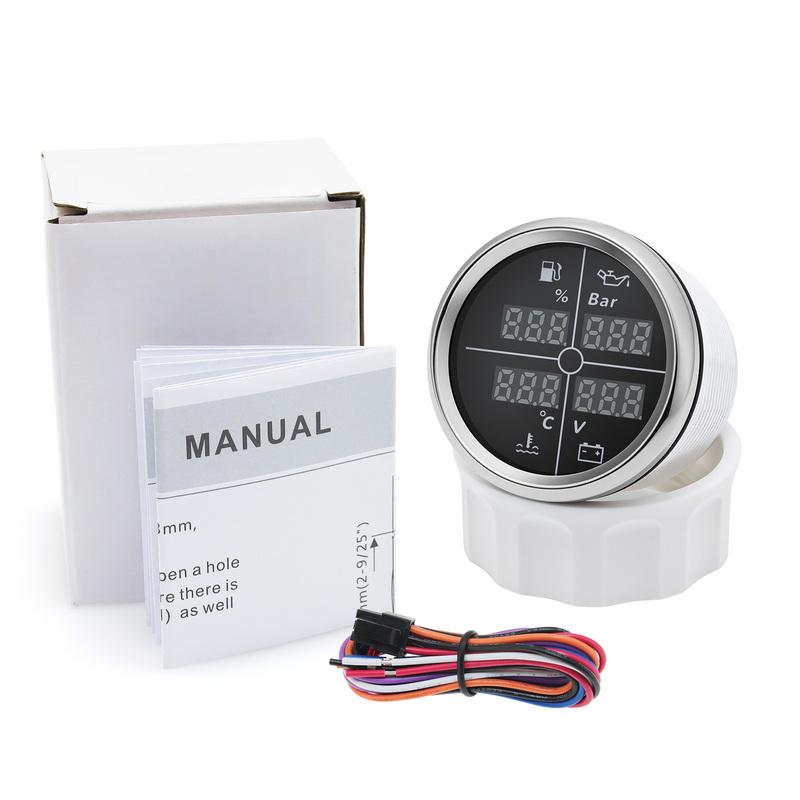 8 Colors Backlight Digital 52mm Car 4 in 1 Multifunction Gauge with Fuel Level Oil Pressure Water Temp Voltmeter Temp Sensor