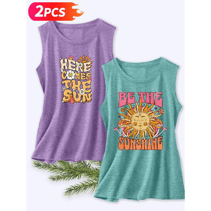 Follow a specific direction Two-piece women's sleeveless vest with vintage print Summer casual wear Vintage Sunshine Sunflower Cute Essential fashion