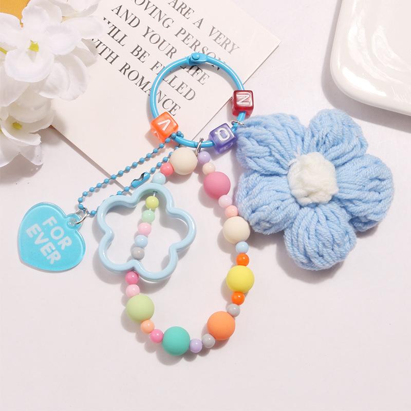 Cartoon Wool Knitted Flowers Key Chains Beaded Wristlet Lanyard Bracelet Keyring For Women Girl Bag Pendant Charms Keychain Gift