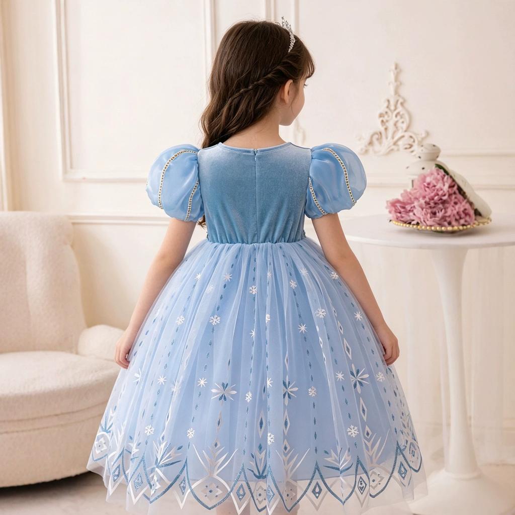 Girls Elsa Princess Frozen Dress Christmas Holiday Party Puffy Bubble Sleeve Tutu Costume for Kids