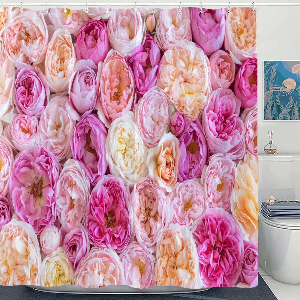 1Pcs Pink flower printing waterproof shower curtain, Rose flowers wall bathroom decorative curtain with plastic hooks