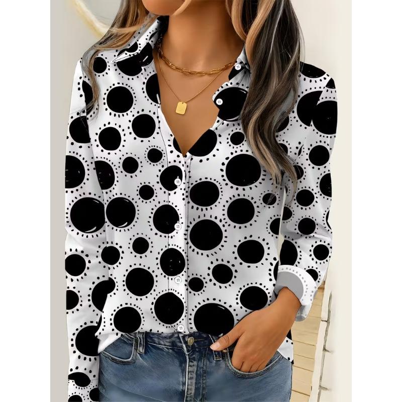 Women 2026 Long Sleeve Shirt Fashion Abstract Dot Printing Blouse Elegant Graphic Casual Daily