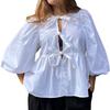 Весенние рубашки с круглым вырезом и контрастным бантом на шнуровке для женщин, свободная блузка с длинными рукавами-фонариками