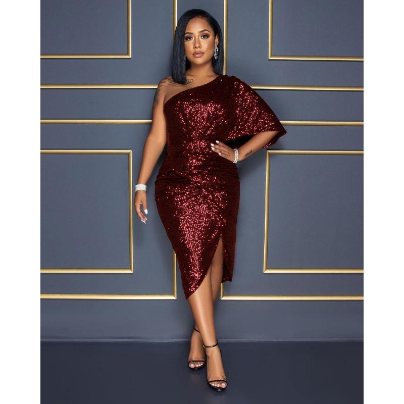 Solid Colour Evening Dress Sequins Strapless Sexy Elegant Mid-waist Women's Dress