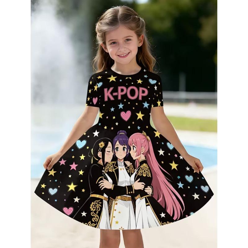 Мультяшное графическое платье K-pop для девочек Смешной подарок для фаната Одежда в стиле Харадзюку Летние топы Платье с коротким рукавом Детская одежда