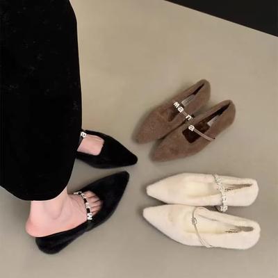 Весна Осень Женские Меховые Туфли Плоские Модные Стразы Острый Носок Женские Плоские Туфли Женские Комфортные Теплые Туфли В Стиле Стит