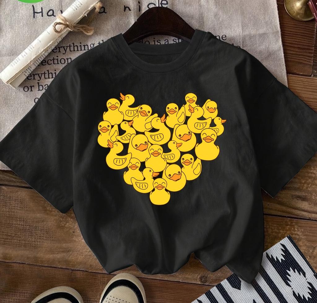 Women's Casual Short Sleeve Crew Neck T-Shirt Cute Yellow Duck Heart Print Breathable Summer Casual Comfortable Woman Clothing