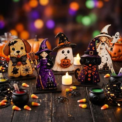 3Pcs Vintage Finish Witch Ghost Tabletop Ornament Dog Halloween Figurine Fireplace Mantel