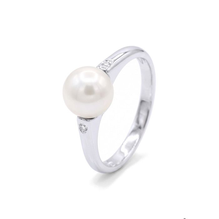 Bague - Pearls & Colors - 8-9 mm Ronde - Perle Blanche - Or Blanc 375/1000 - Qualité AAA+ - Diamant - Femme