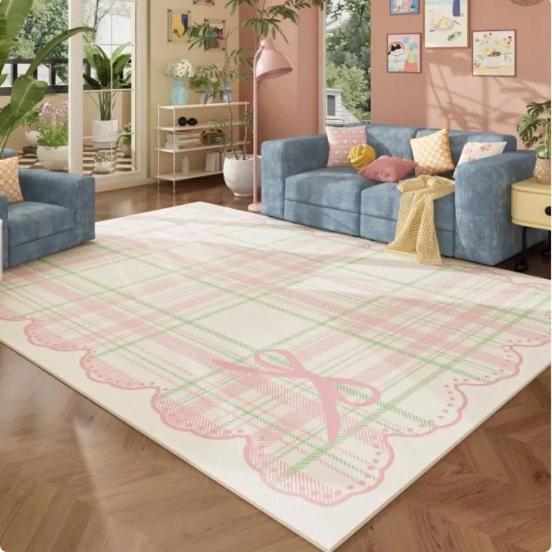 Cute Pink Grid Bow Pattern Carpet Non-slip Soft Area Rug for Girls Bedroom Living Room Nursery Home Decor