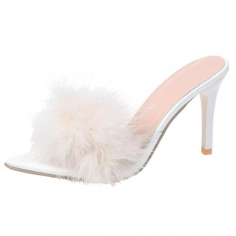 Женские тапочки на высоком каблуке с мехом и шпильками, мюли с открытым носком, женские домашние резиновые туфли Zapatillas Mujer с острым носком, красные, летние, новые сексуальные туфли