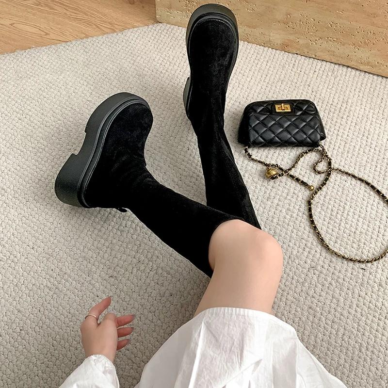 Women Over The Knee High Boots Fashion Slip On Stretch Long Booties Autumn Winter Platfrom Flats Ladies Shoes