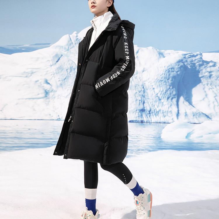 Anta Стиль жизни серии однотонный боковой буквенный знак водонепроницаемый длинный теплый пуховик с капюшоном женская верхняя одежда черный 162148925-2