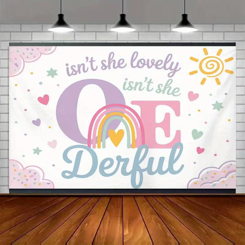 2D Flat Printing One-derful 1st Birthday Background Cloth, Pastel Rainbow Party Decor