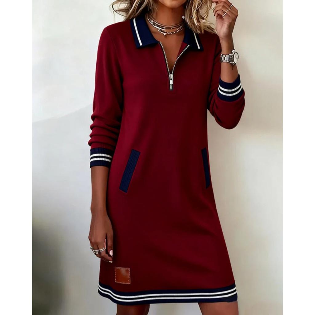 Fall Winter Women's Casual Color Block Dress Zip Collar Long Sleeve Pockets Dress European American Style