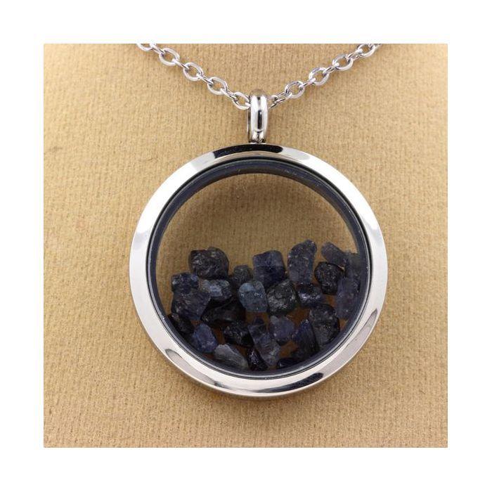 Stones and Minerals. Raw Sapphire Necklace. 20 Mm Medallion Model. Color Silver.