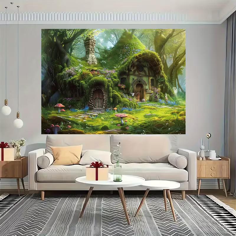 2D Whimsical Magical Forest Fairy Hut with Colorful Mushrooms Party Backdrop