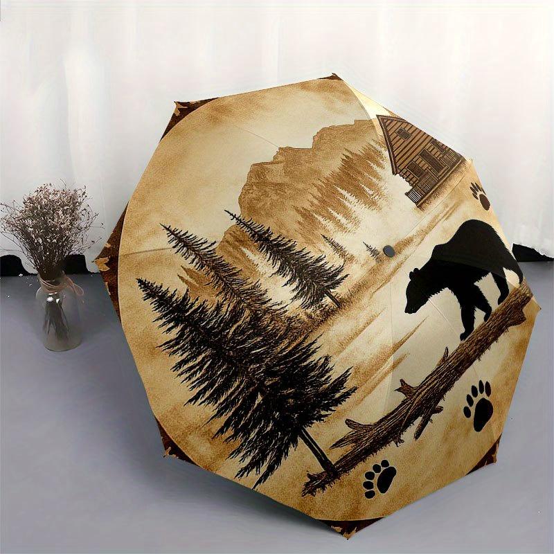 Woodland Cabin Bear Silhouette Decorative Plate Umbrella, Cute Umbrella with Cute Design, Portable 3-Fold Compact Umbrella for Men & Women, Valentine'