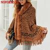 6 Colors Winter Big Pendulum Cloak Knitted Warm Thick Leopard Shawl Poncho Coat Women Faux Fur Collar Tassel Loose Beaded Cape