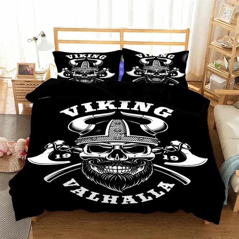 Viking Duvet Cover Set KingQueen Size Slate Blue Mjolnir Pattern Bedding Set Northern Germanic Culture Polyester Quilt Cover