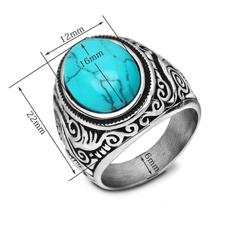 Oakky men's stainless steel Silver black  oval turquoise inlay ring blue size 19