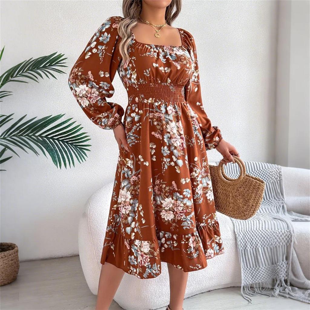 Женская модная юбка А-силуэта с цветочным принтом, квадратным вырезом и длинными рукавами