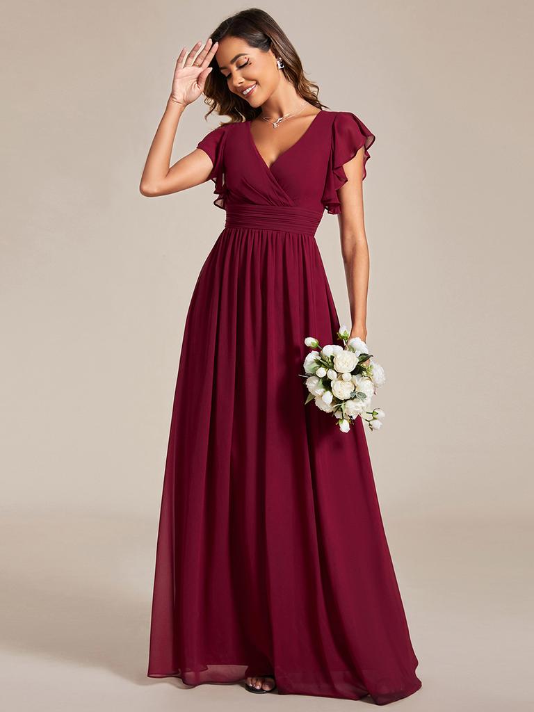 Ever-Pretty Women's A-Line V Neck Pleated Belted Ruffles Sleeves Open Back High Waist Bridesmaid Dresses
