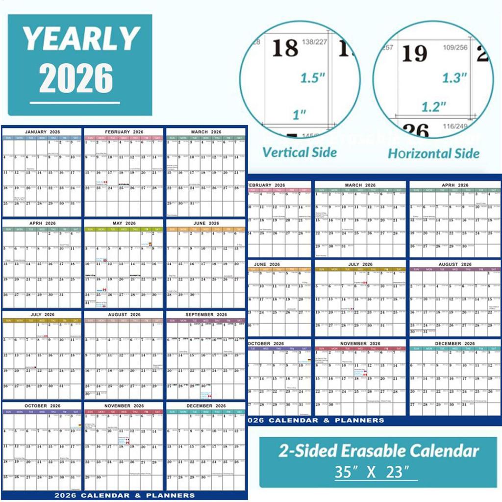 Настенный календарь на 2026 год, большой, стираемый, академический планировщик с поверхностью для письма маркерами, со складной конструкцией, для офиса, класса, домашнего декора, подарок